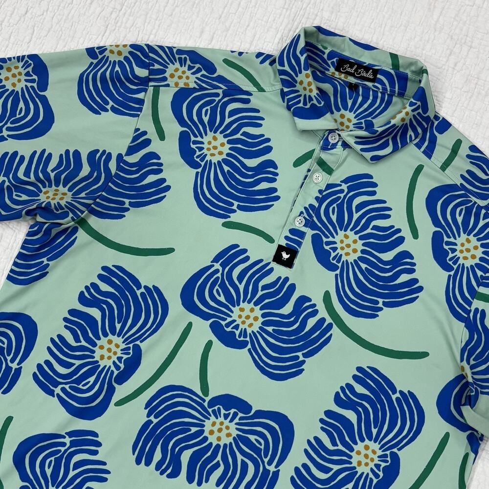 Bad Birdie Golf Polo Shirt Men’s Large Mint Blue Floral Performance Stretch